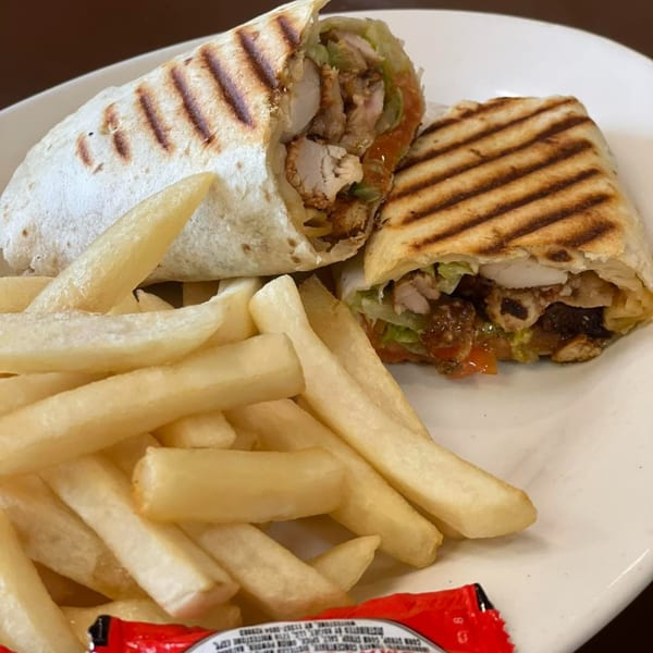 Grilled chicken shawarma wraps with fries and a ketchup packet on a white plate.